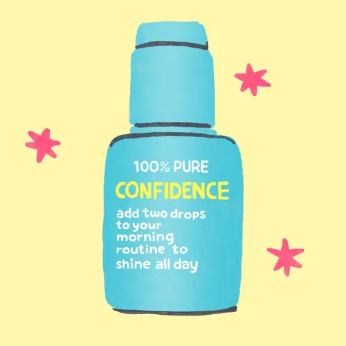 Blue skincare bottle labeled 100% pure confidence with pink stars