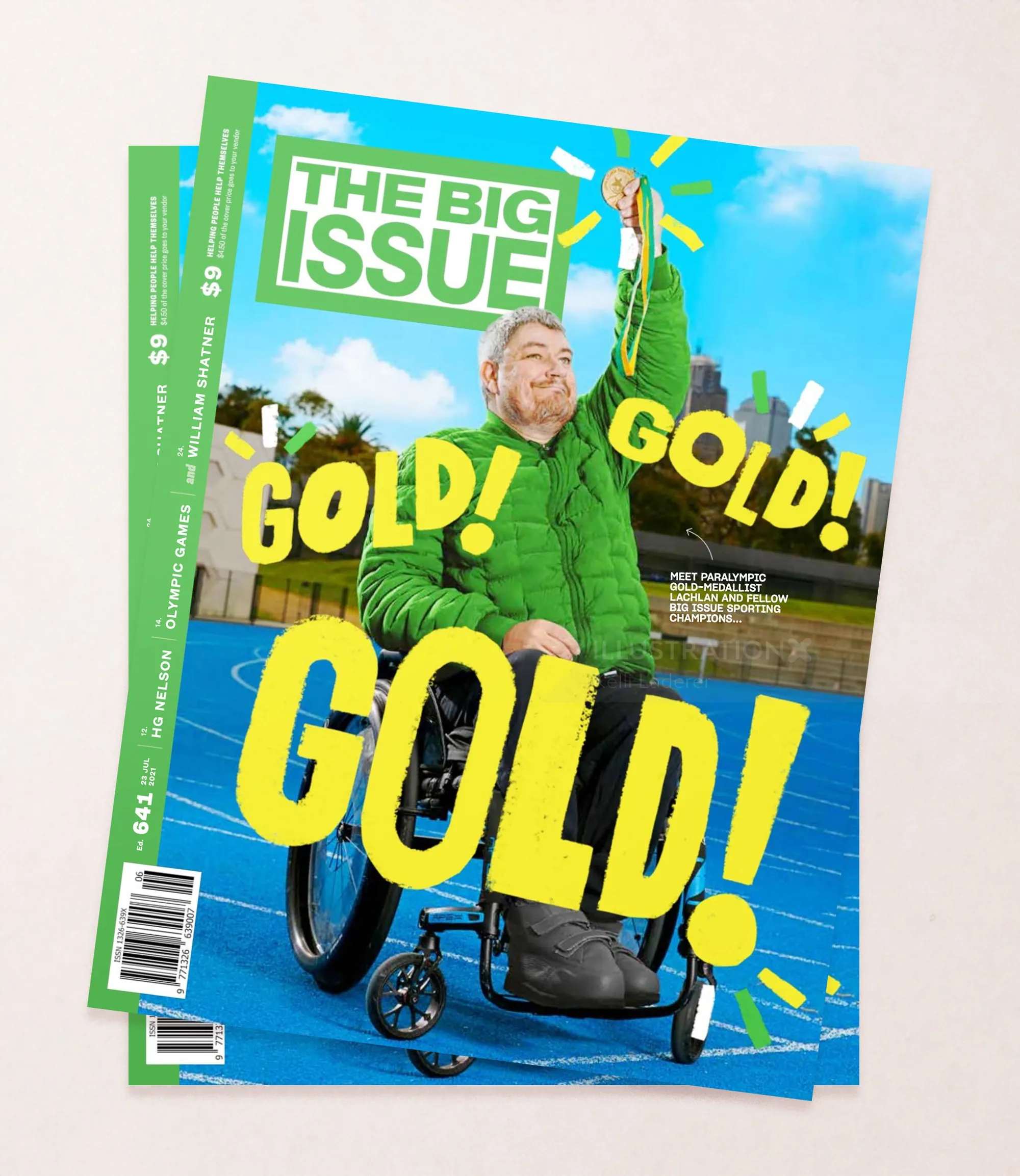 Cover of The Big Issue showing man in wheelchair celebrating gold medal