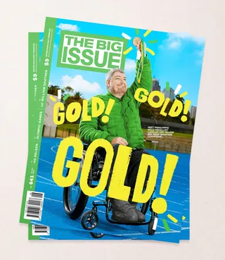 Cover of The Big Issue showing man in wheelchair celebrating gold medal
