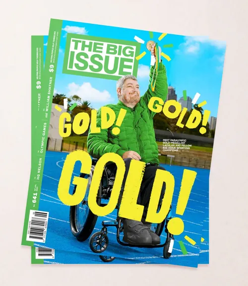 Cover of The Big Issue showing man in wheelchair celebrating gold medal