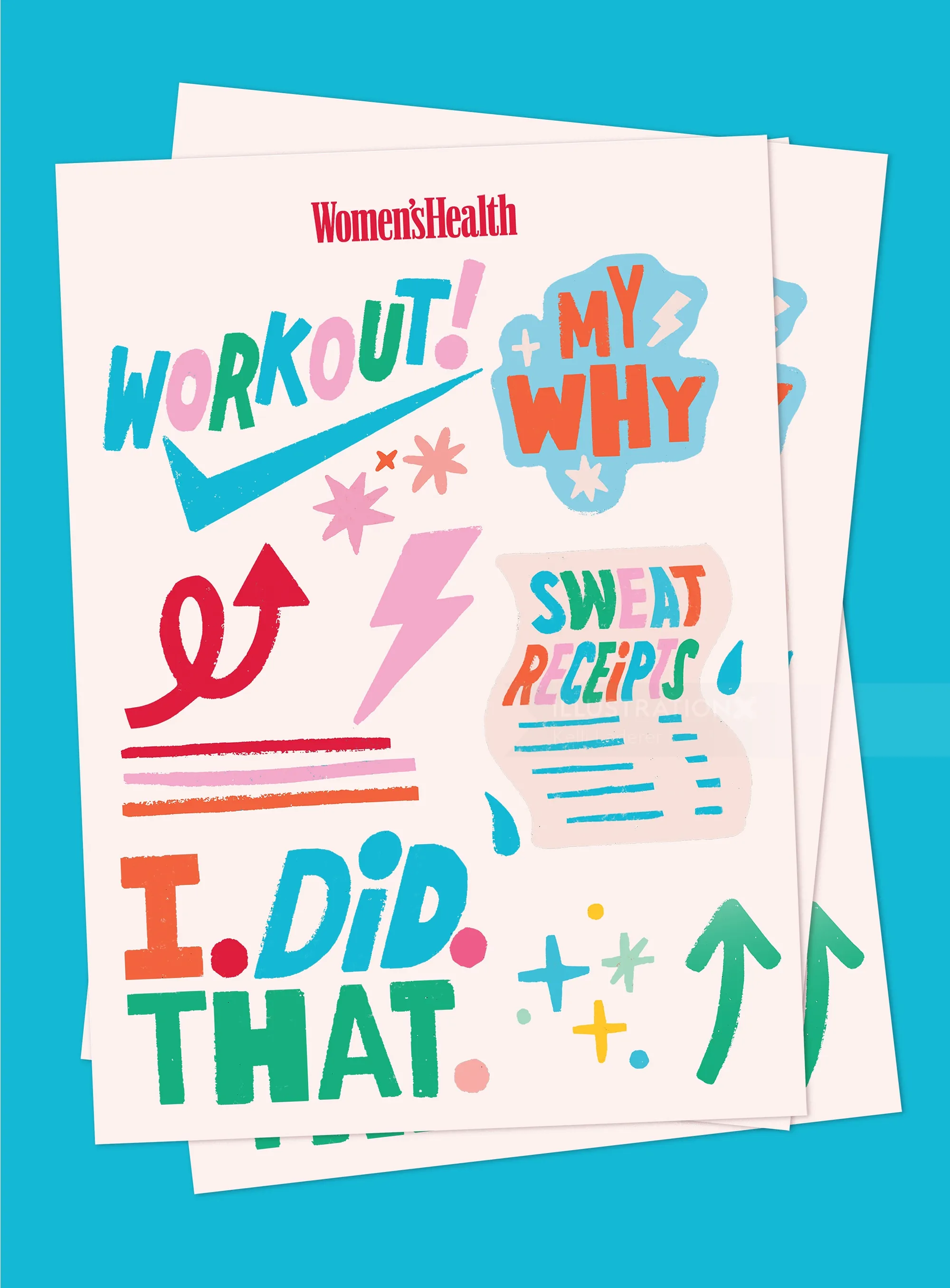 Colorful workout and motivation stickers with energetic lettering