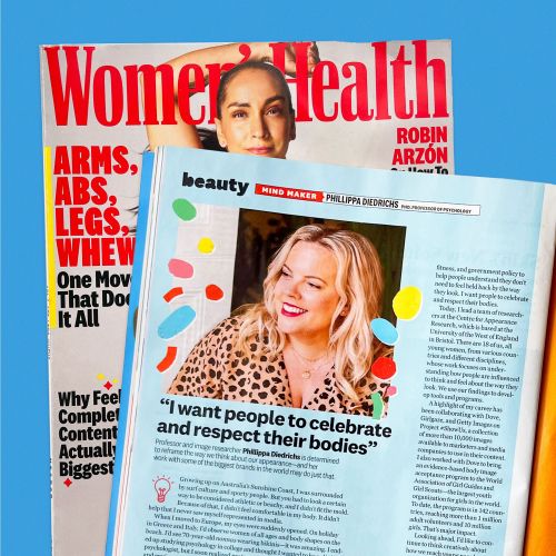 Open magazine showing Women’s Health cover and body positivity article