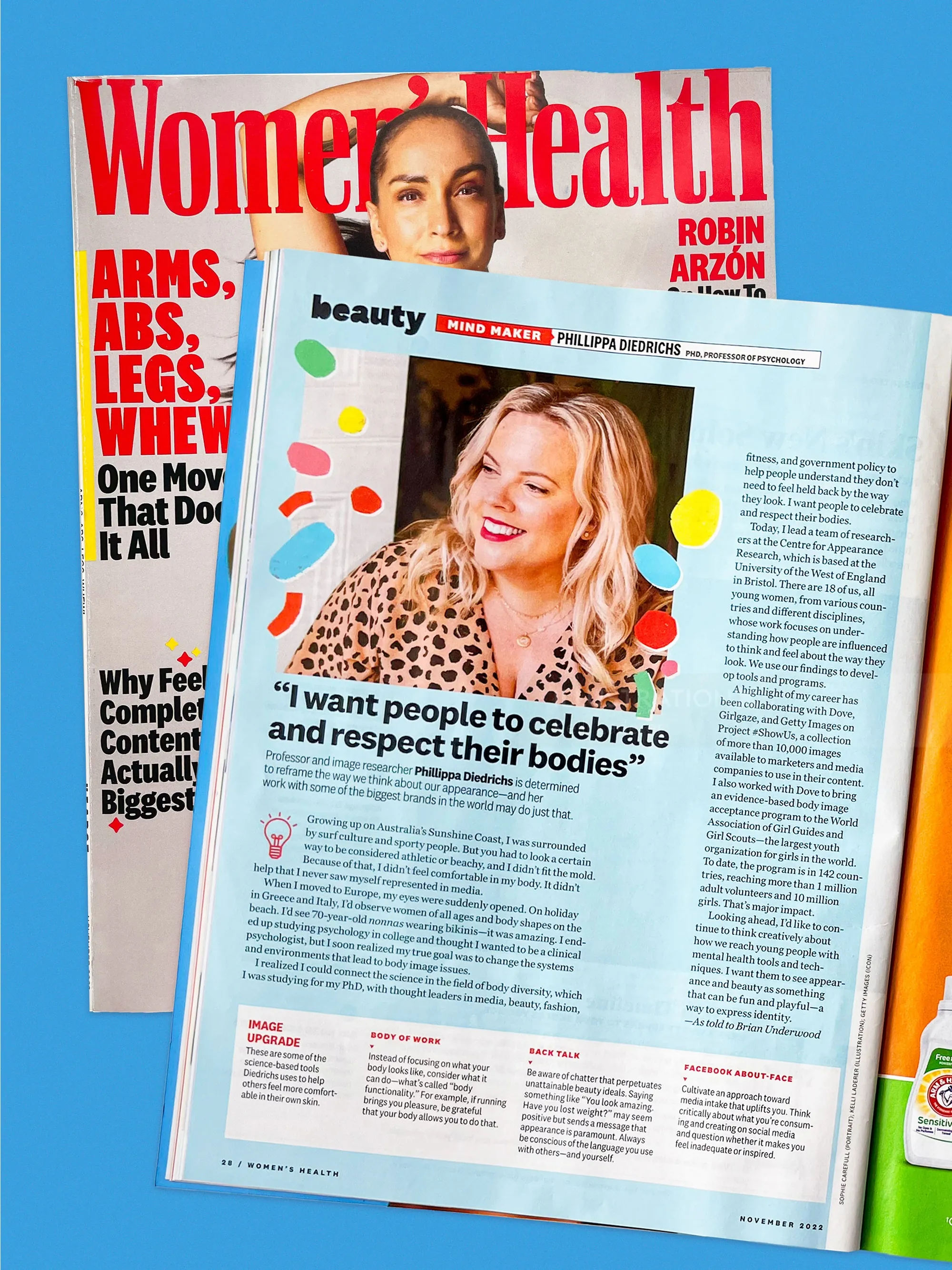 Open magazine showing Women’s Health cover and body positivity article