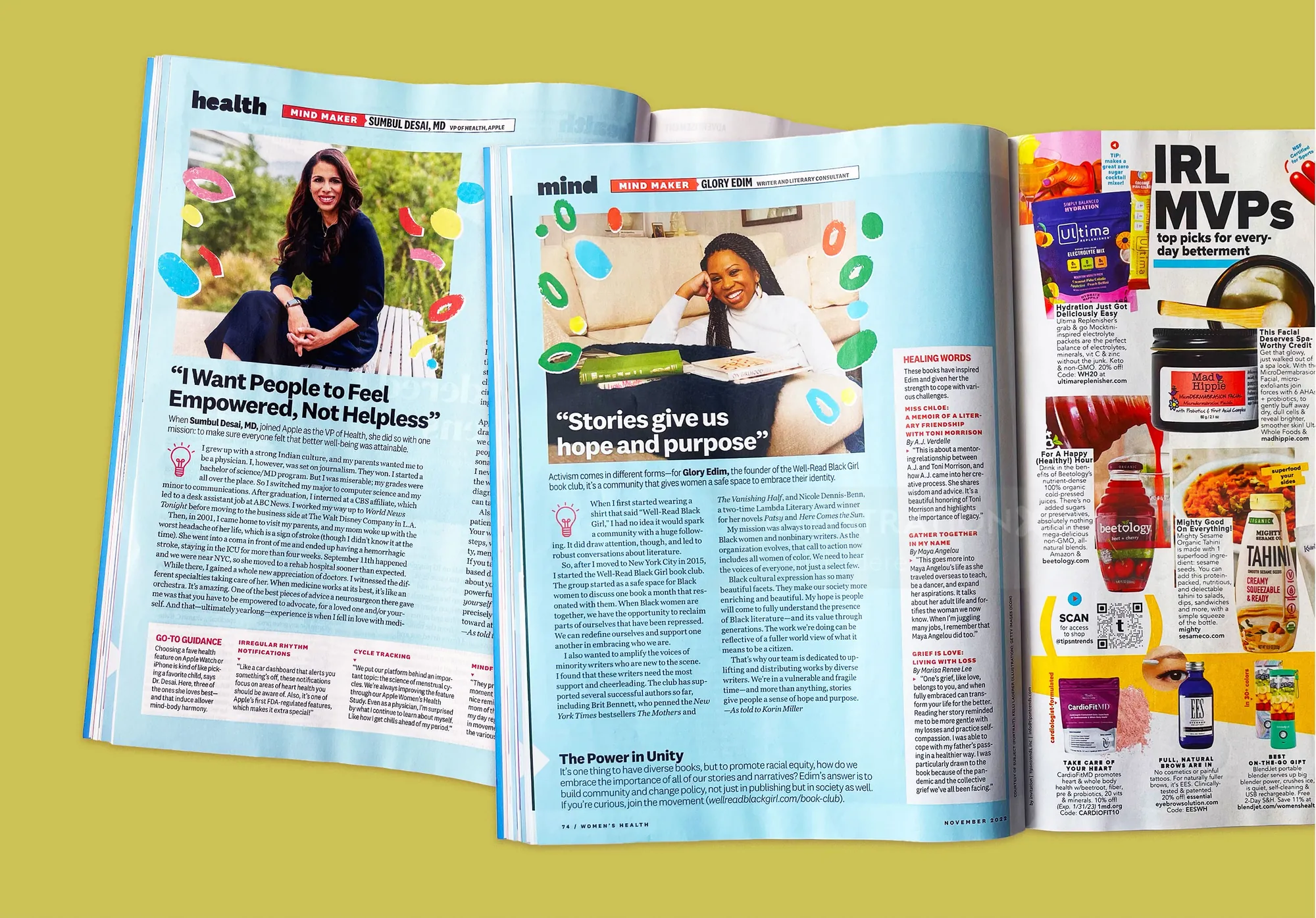 Open magazine showing colorful women's health articles and illustrations
