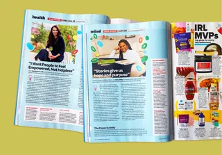 Open magazine showing colorful women's health articles and illustrations