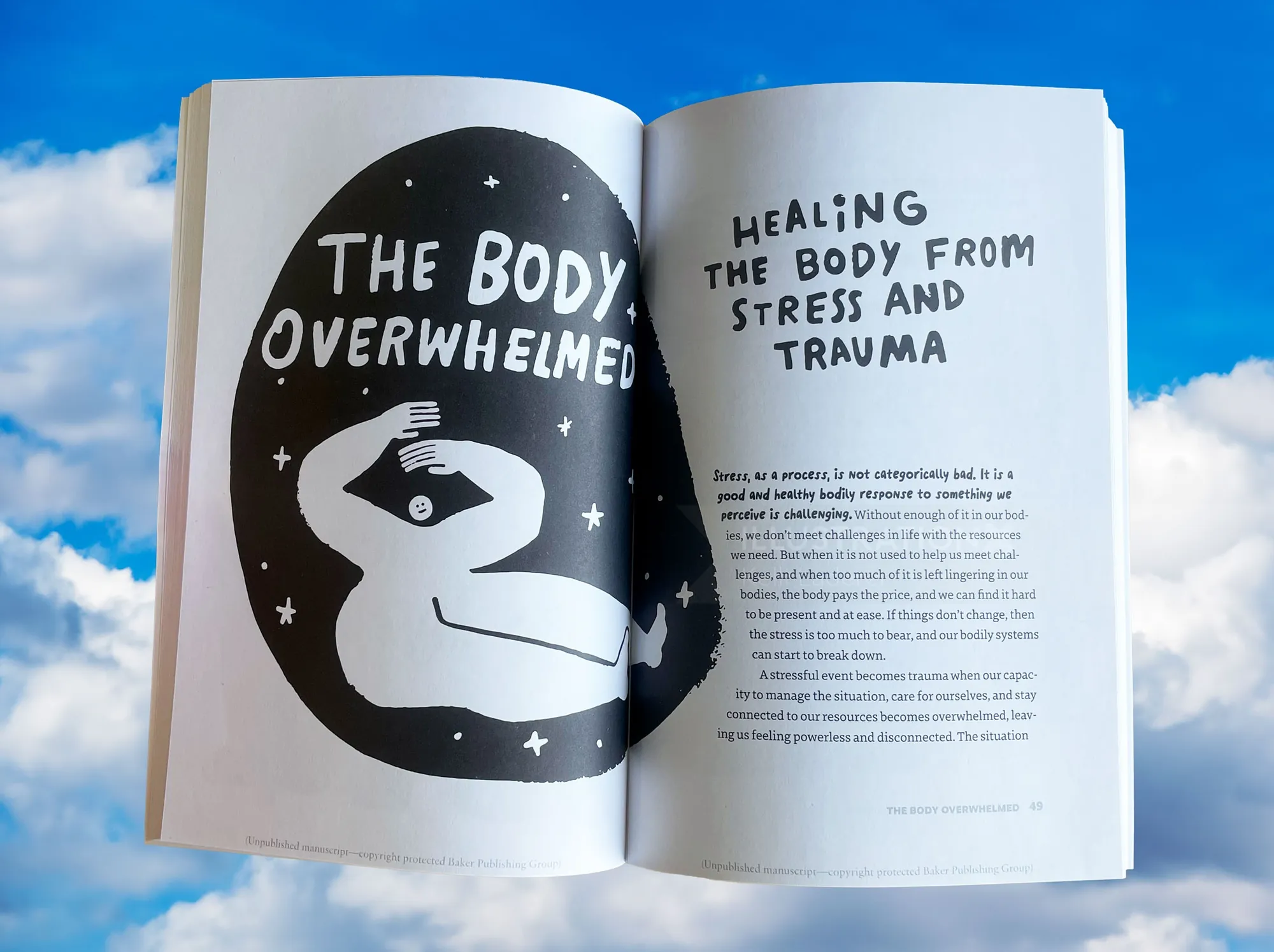 Open book showing illustrated body and text on healing stress and trauma