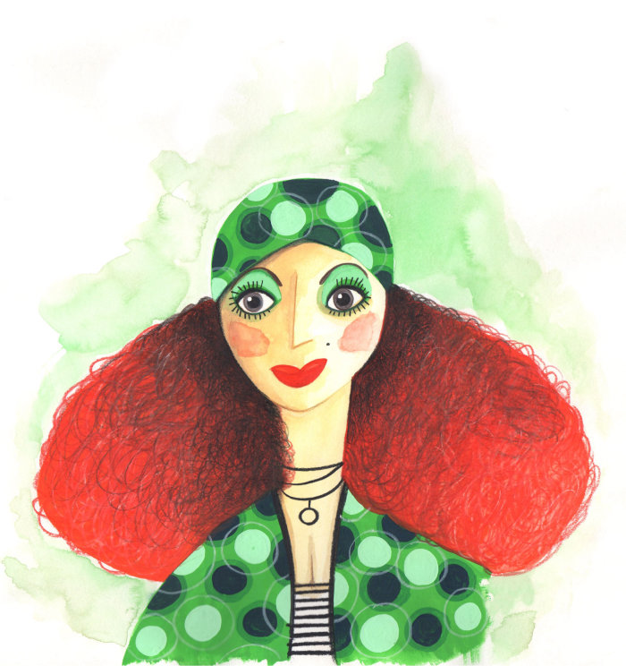 緑のパターンを持つファッションキャラクターの女性