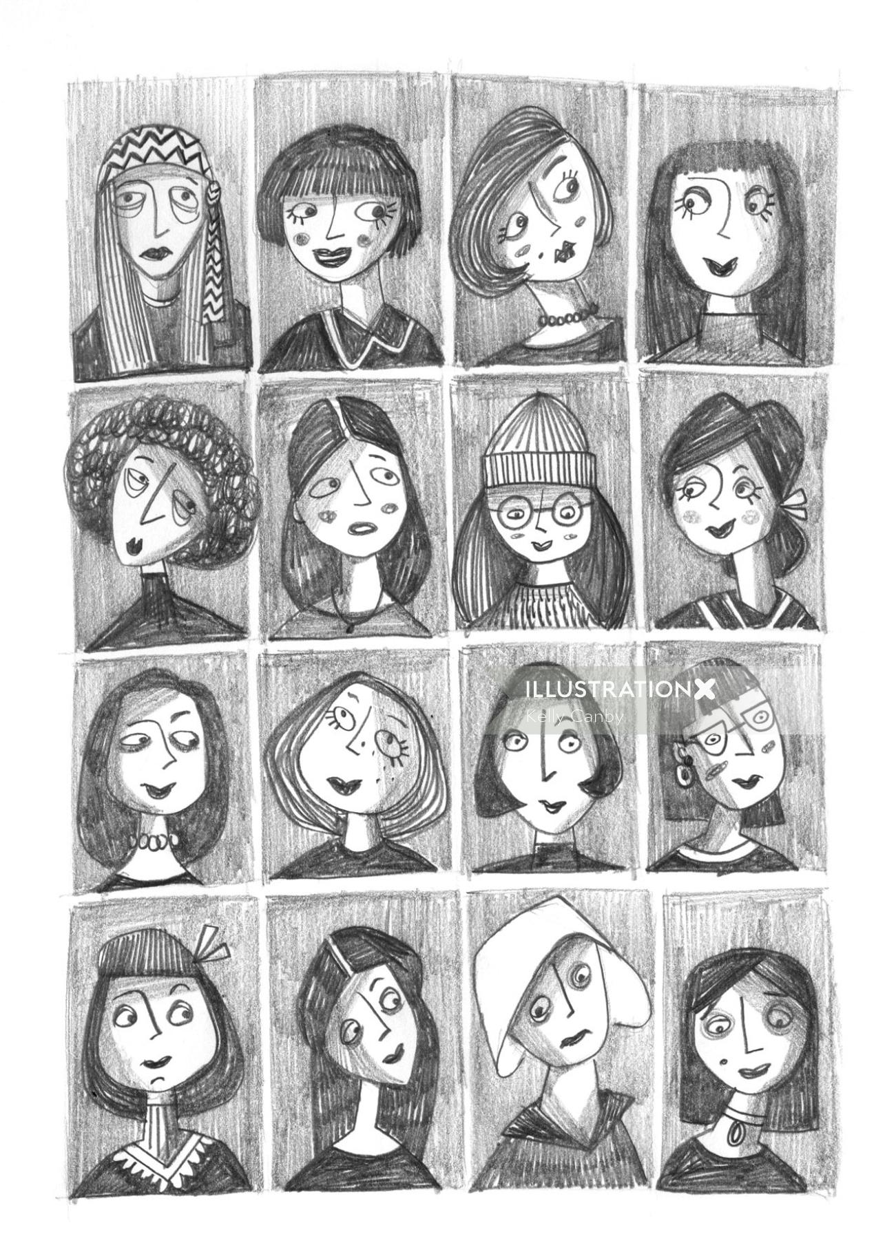 Desenho de rostos de mulheres