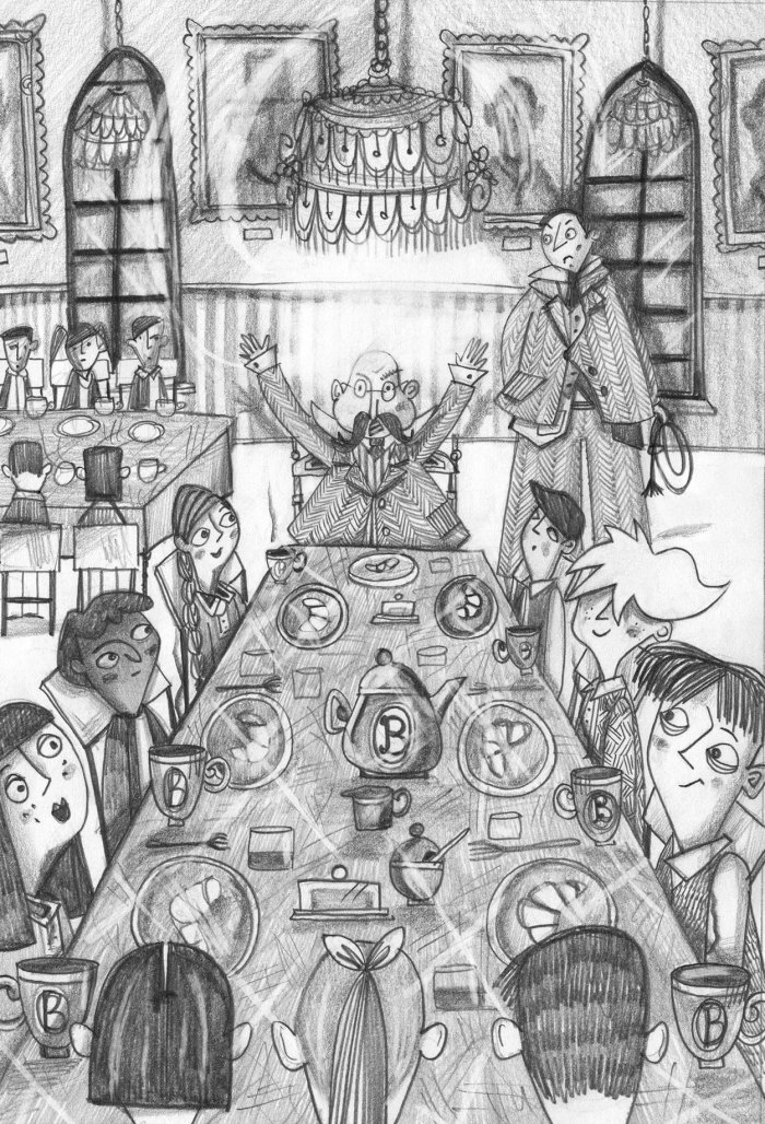 Gente en la mesa de la cena en las ilustraciones de antaño