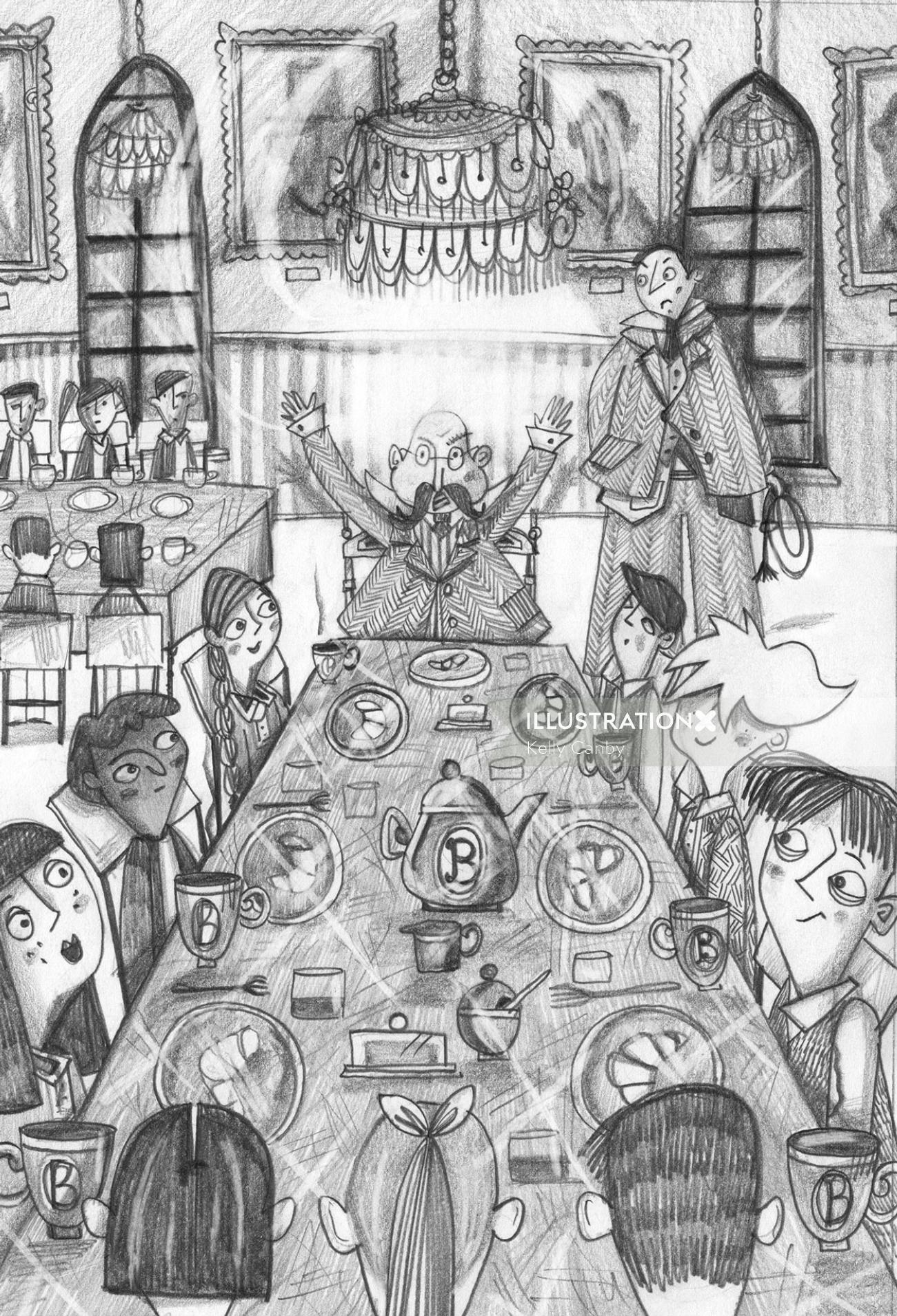 昔のアートワークの夕食のテーブルの人々