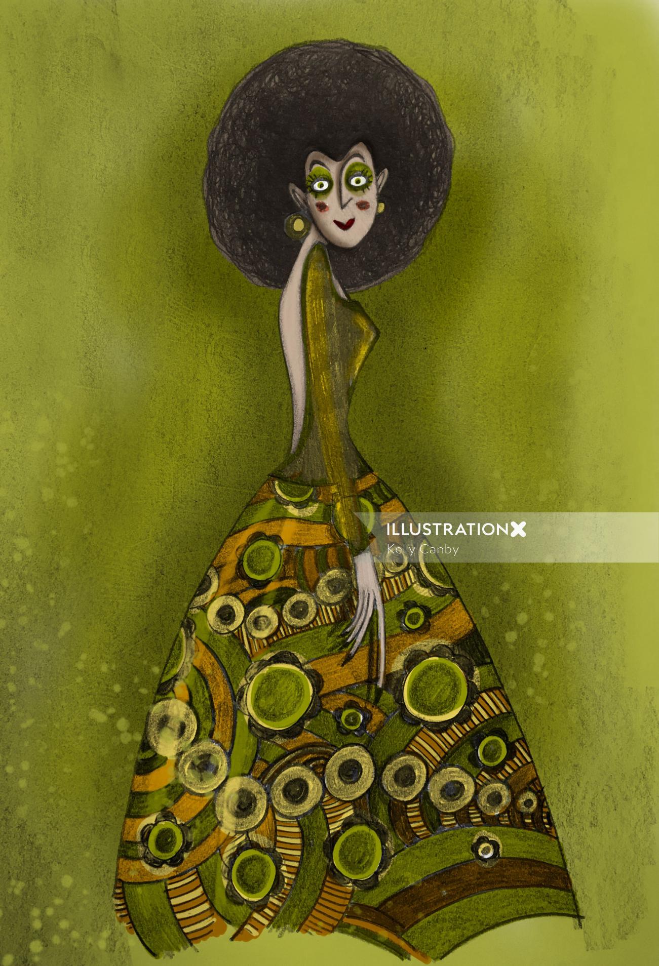 緑のドレスの女性のファッションイラスト