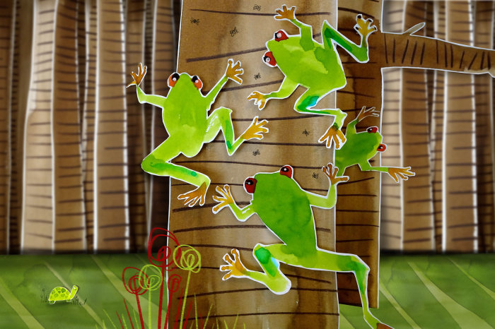 Animales rana trepando por el árbol.