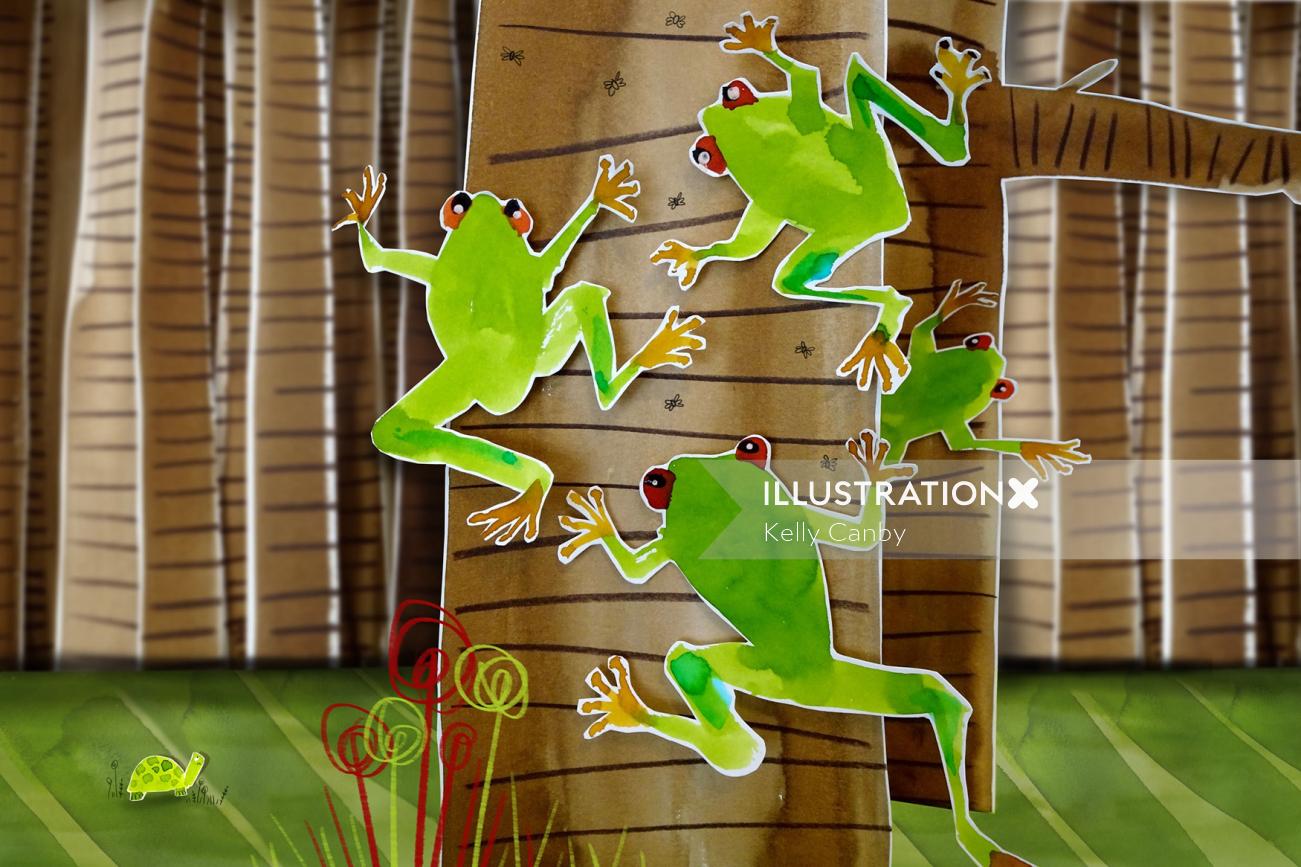Animais sapo subindo na árvore