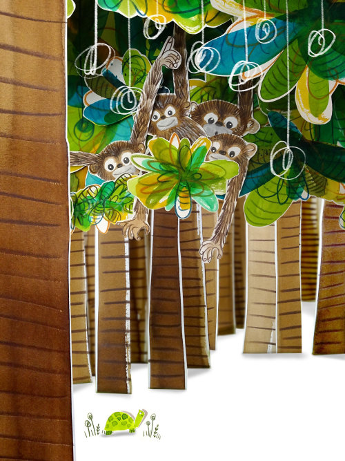 graphic illustration of monkeys on trees
