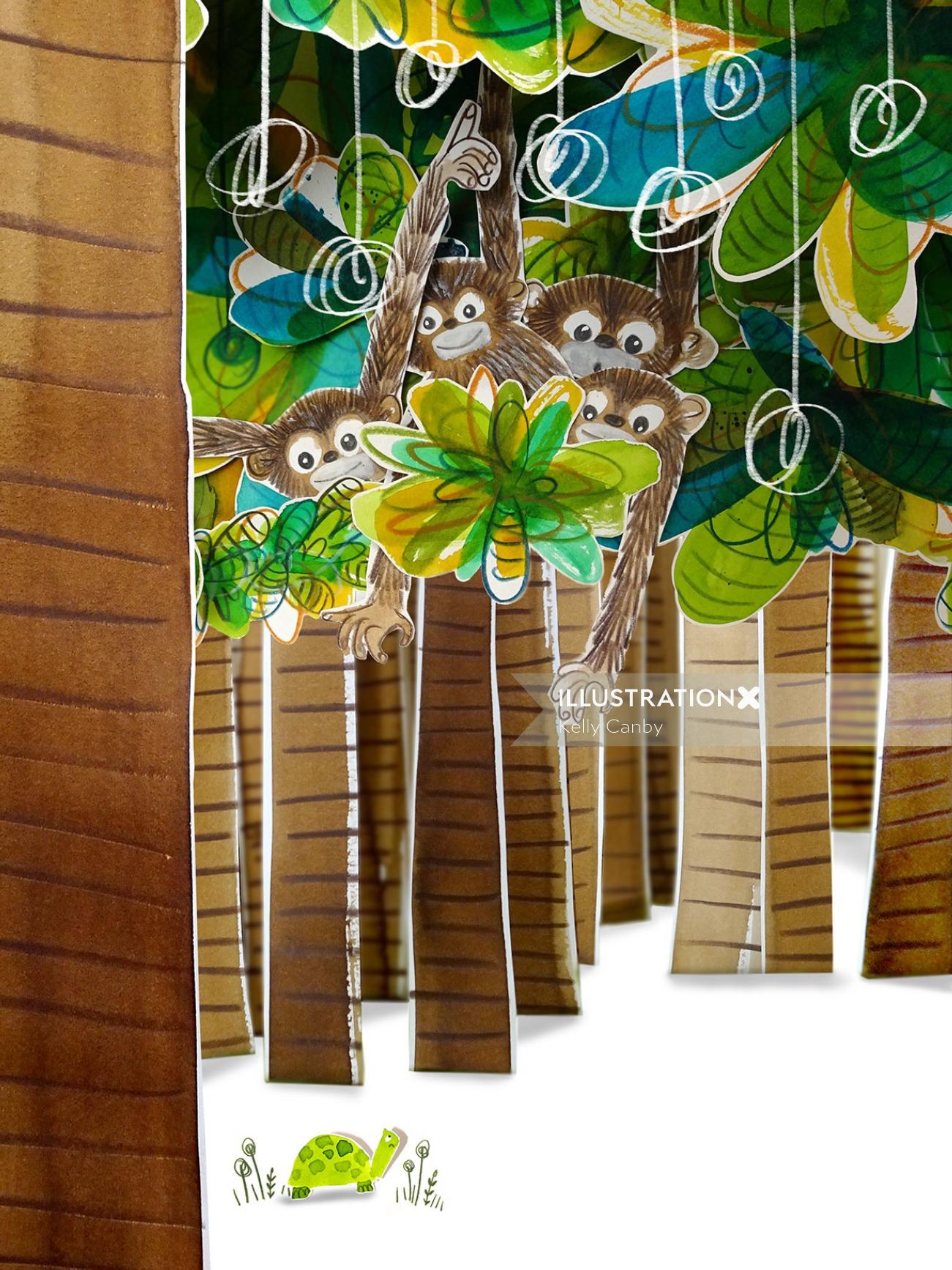 graphic illustration of monkeys on trees
