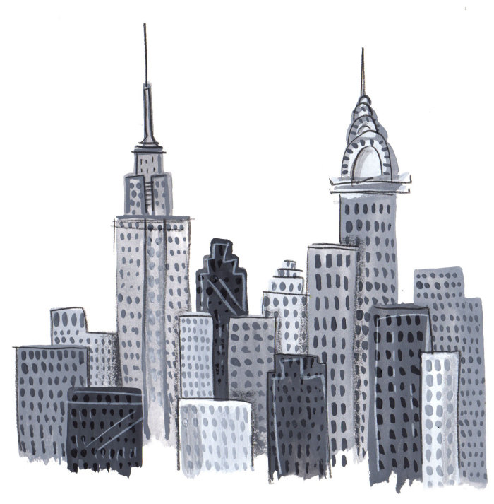 Ilustración en blanco y negro de edificios
