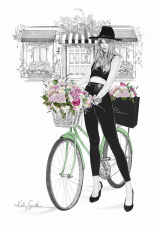 自転車に乗って花を持つ女性
