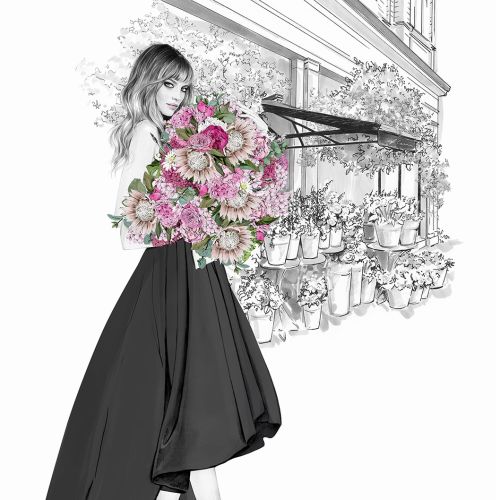 Artwork of girl with bouquet