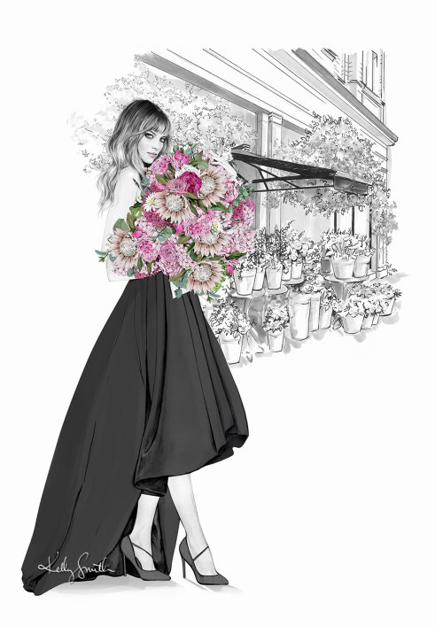 Artwork of girl with bouquet