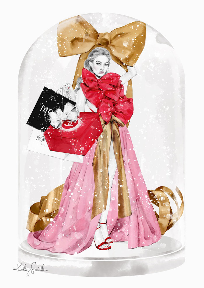 Fashion illustration of Valentino couture for Christmas 2020 Illustration
