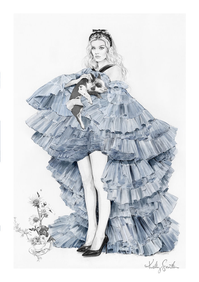 Fashion illustration of Alice wears Jean Paul Gaultier gown