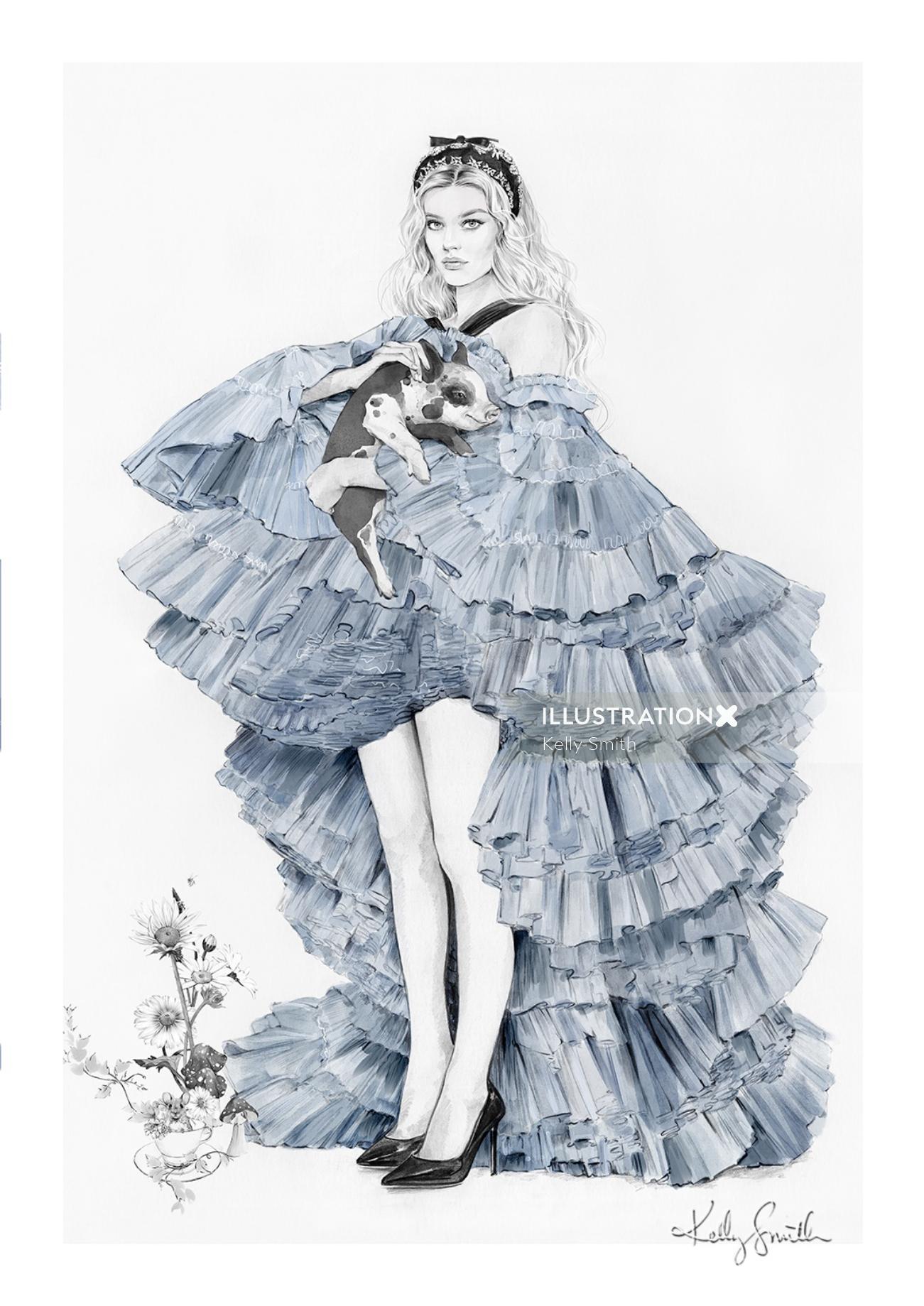 Fashion illustration of Alice wears Jean Paul Gaultier gown