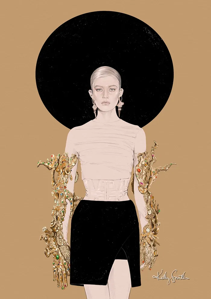 Fashion illustration of model in Schiaparelli Haute Couture Spring 22 with gold ornate sleeves by Ke