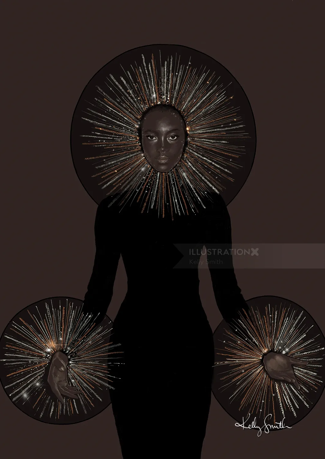 Model in black dress with sunburst halo and hand accessories by Kelly Smith