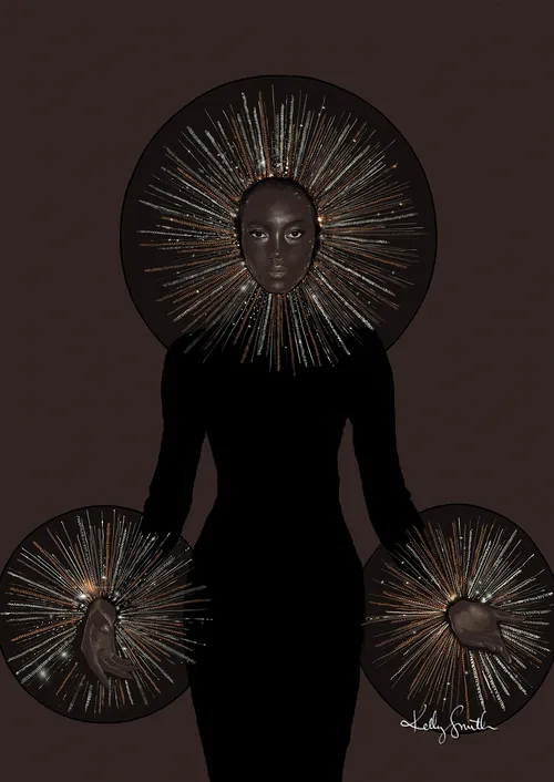 Model in black dress with sunburst halo and hand accessories by Kelly Smith