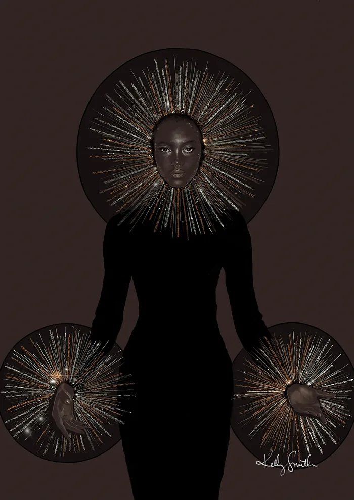 Model in black dress with sunburst halo and hand accessories by Kelly Smith