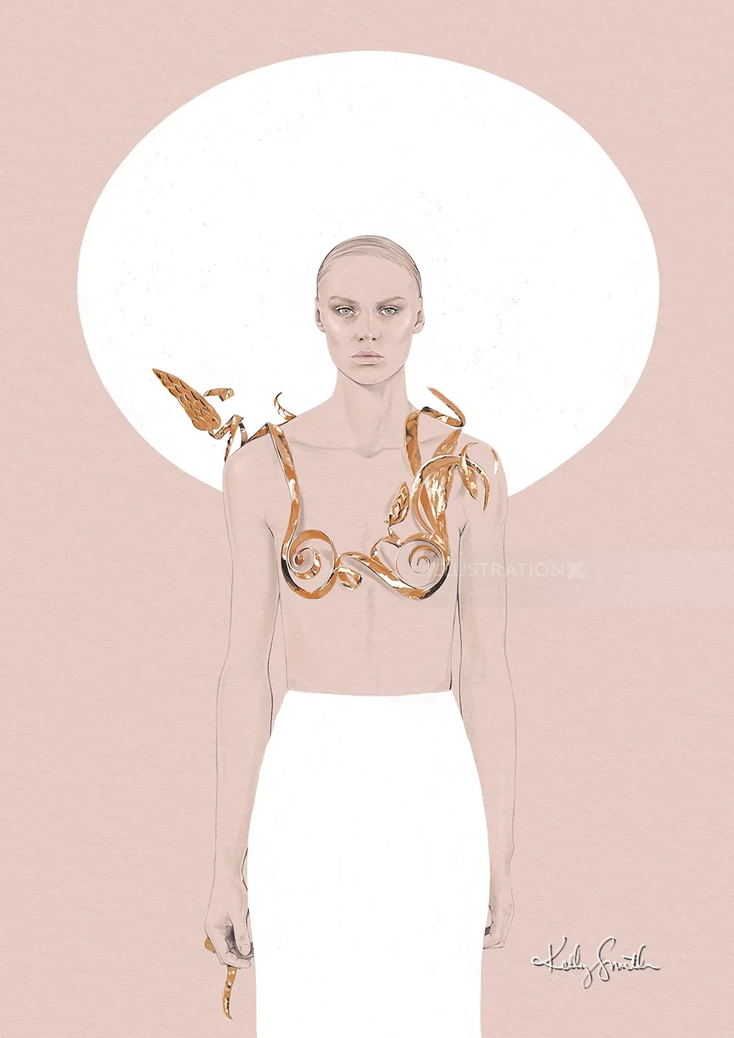 Fashion illustration of model wearing Schiaparelli gold bra design by Kelly Smith