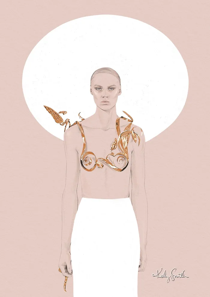 Fashion illustration of model wearing Schiaparelli gold bra design by Kelly Smith