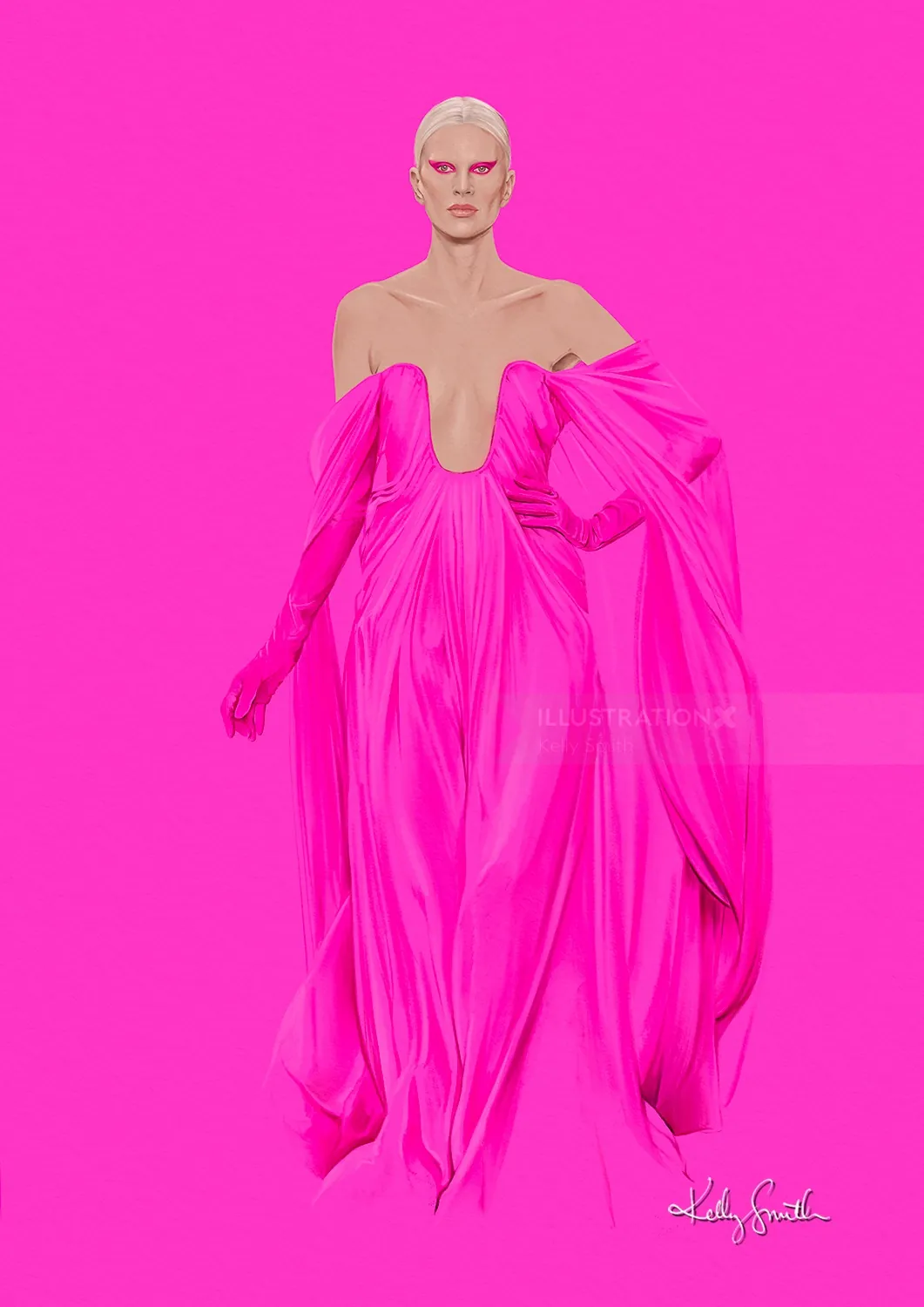 Model wearing bright pink Valentino gown with gloves and dramatic sleeves by Kelly Smith