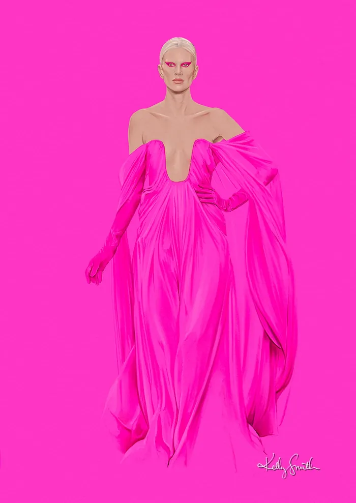 Model wearing bright pink Valentino gown with gloves and dramatic sleeves by Kelly Smith