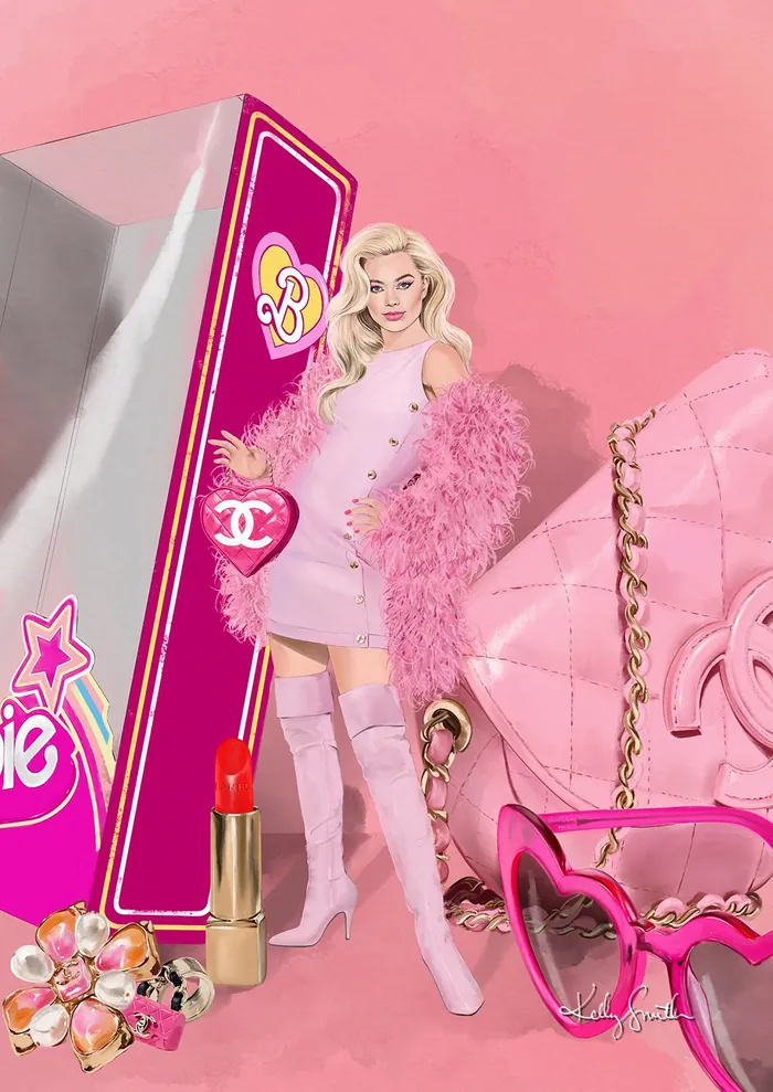 Illustration of Margot Robbie as Barbie in pink outfit by Kelly Smith