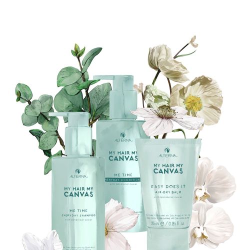 Alterna Haircare products with flowers and green leaves