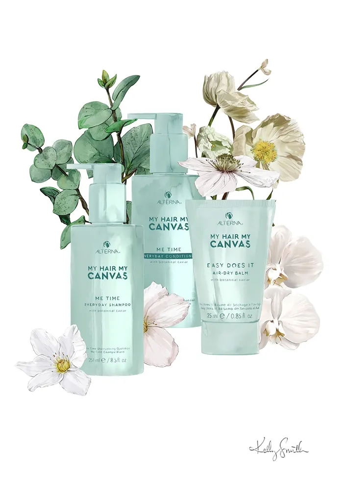 Alterna Haircare products with flowers and green leaves