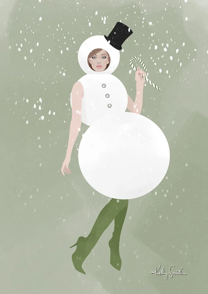 Woman dressed as a modern snowman with green boots and a black top hat