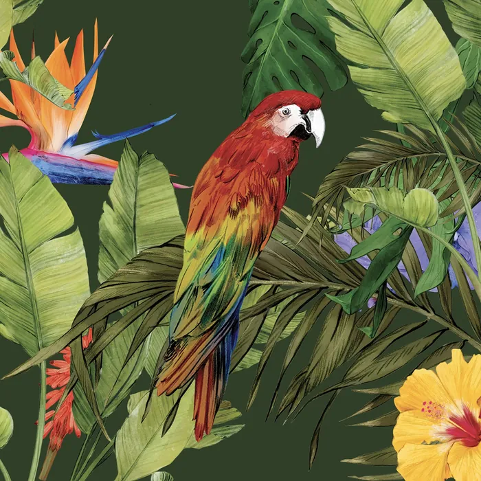 Colorful parrot perched among tropical rainforest leaves and flowers