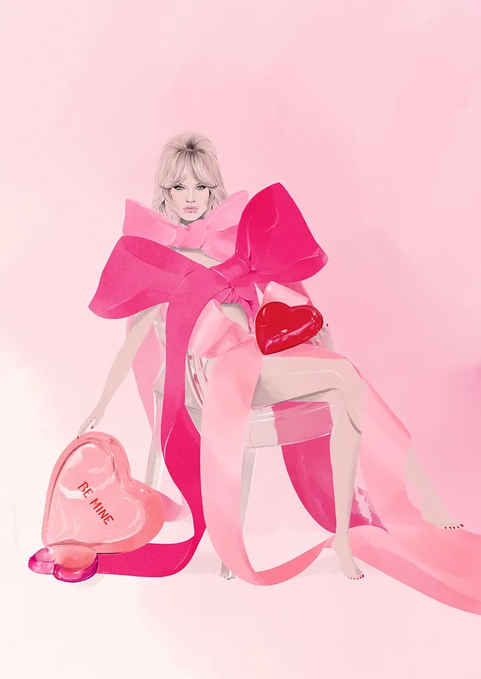 Woman wrapped in pink ribbon holding heart-shaped balloons