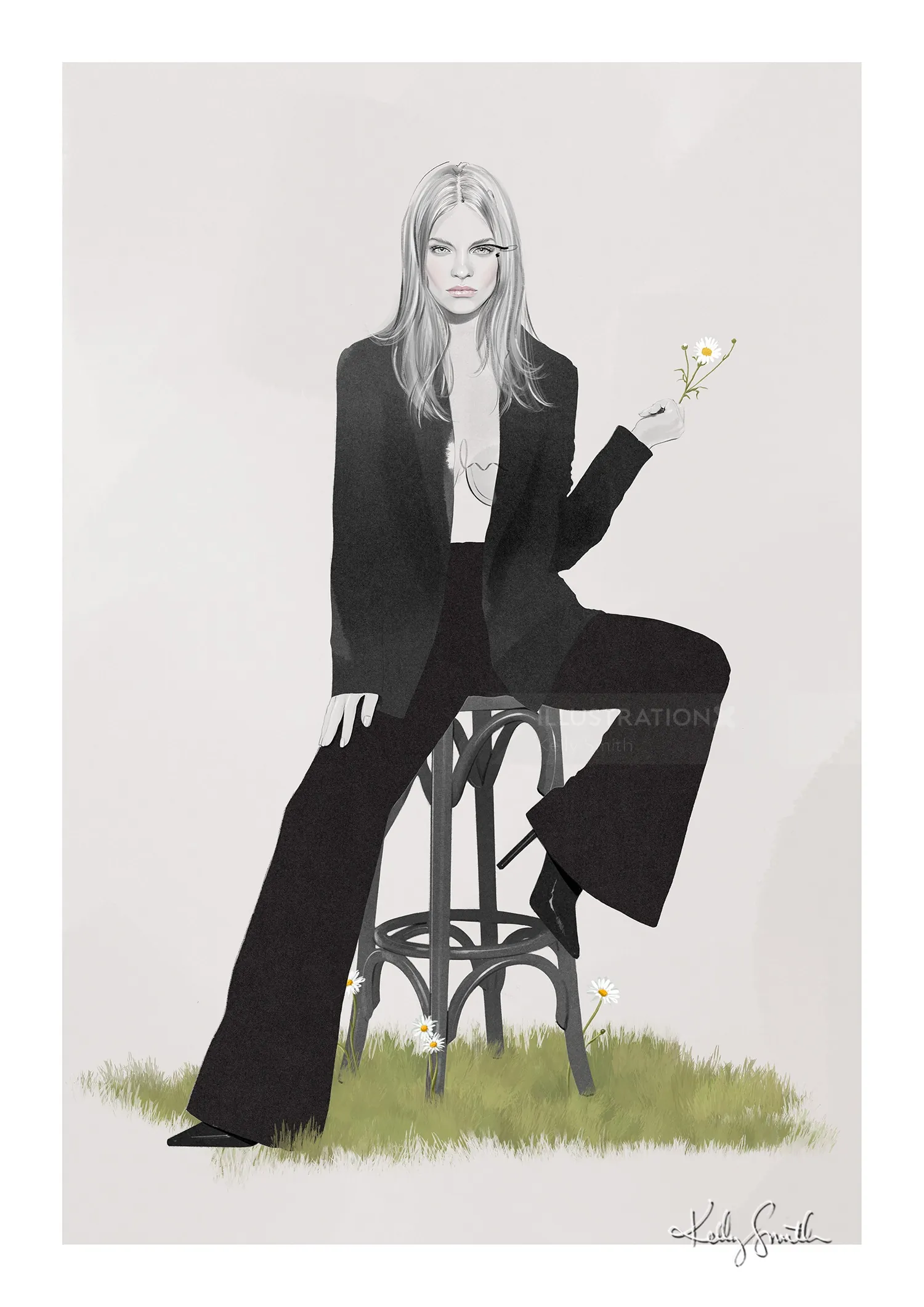 Illustration of a woman in a black suit sitting on a stool holding a white flower by Kelly Smith