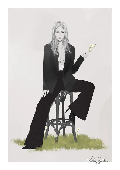 Illustration of a woman in a black suit sitting on a stool holding a white flower by Kelly Smith