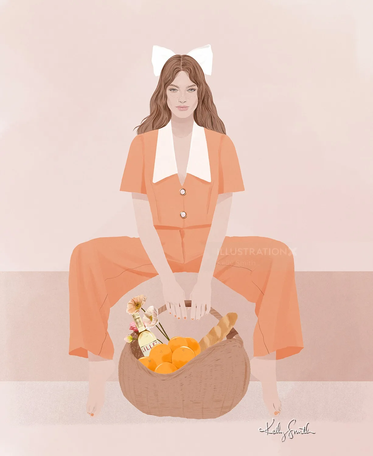 Illustration of woman in orange outfit holding basket with bread and oranges