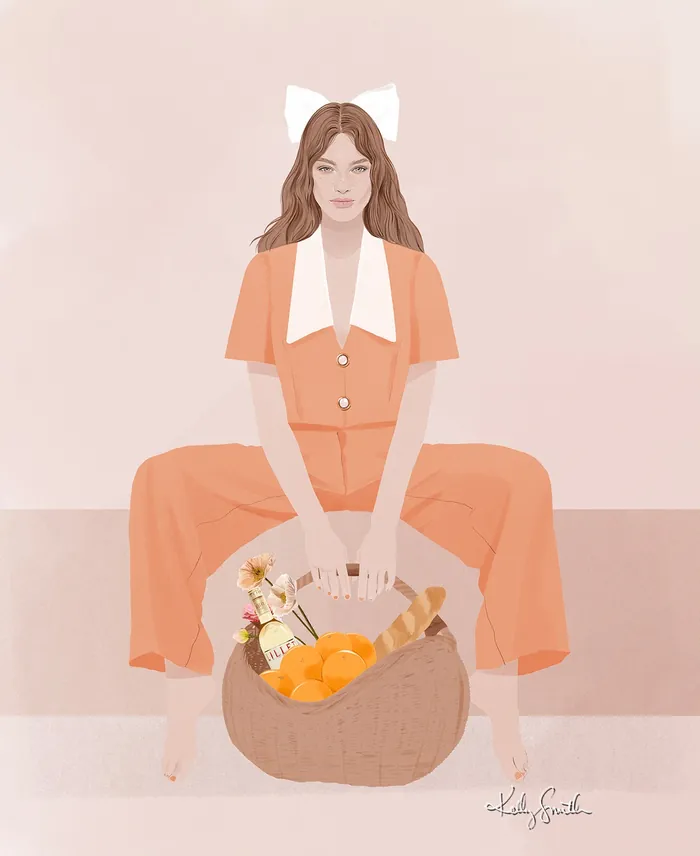 Illustration of woman in orange outfit holding basket with bread and oranges