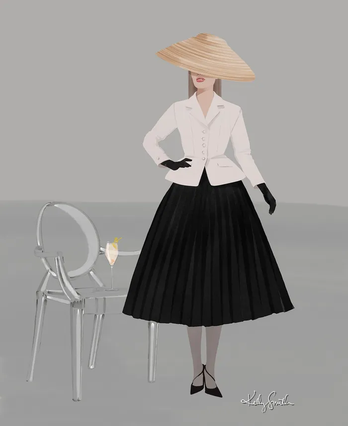 Elegant woman in black skirt and white jacket with cocktail in Paris
