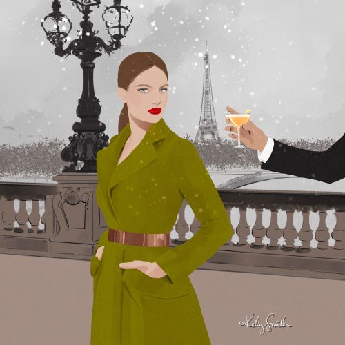 Woman in green coat with cocktail near Eiffel Tower and street lamp
