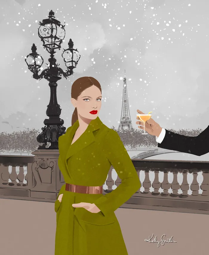 Woman in green coat with cocktail near Eiffel Tower and street lamp