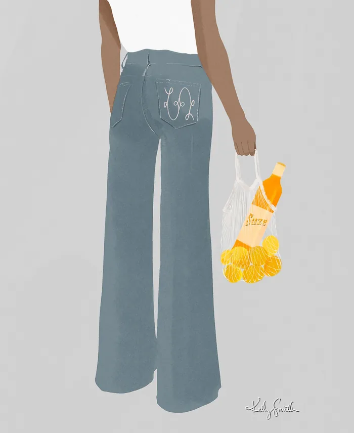 Illustration of person in blue pants holding oranges and a bottle