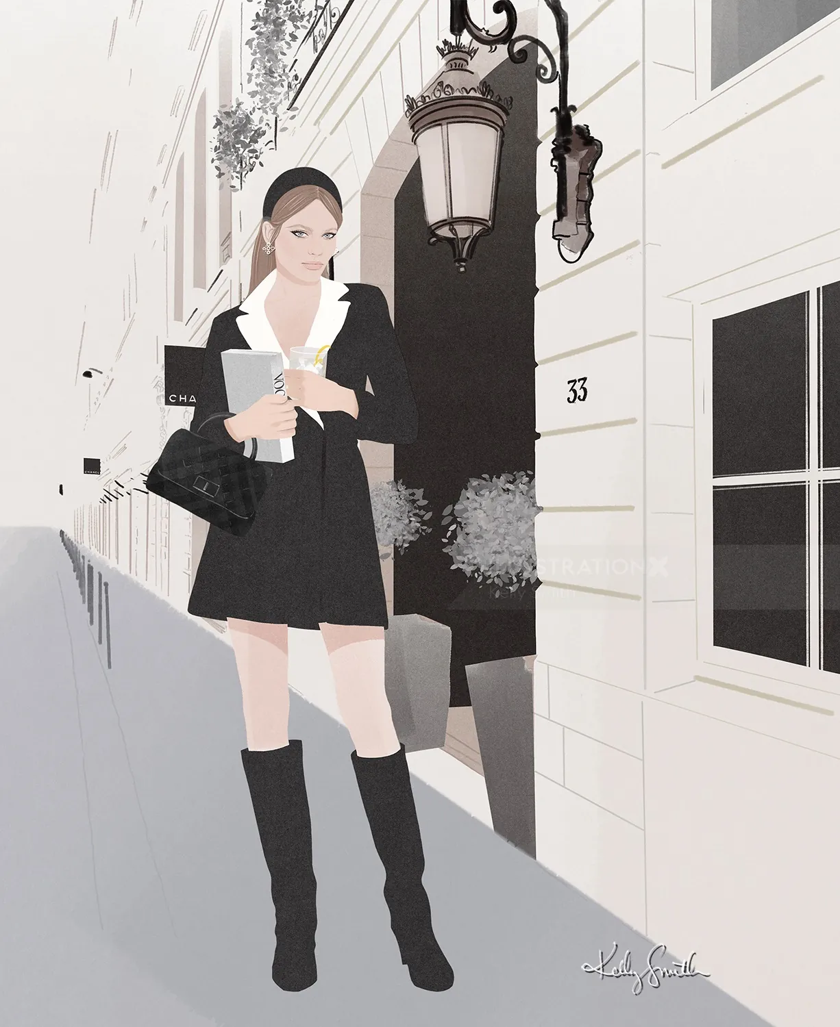 Young woman in black dress and boots holding coffee on Paris street