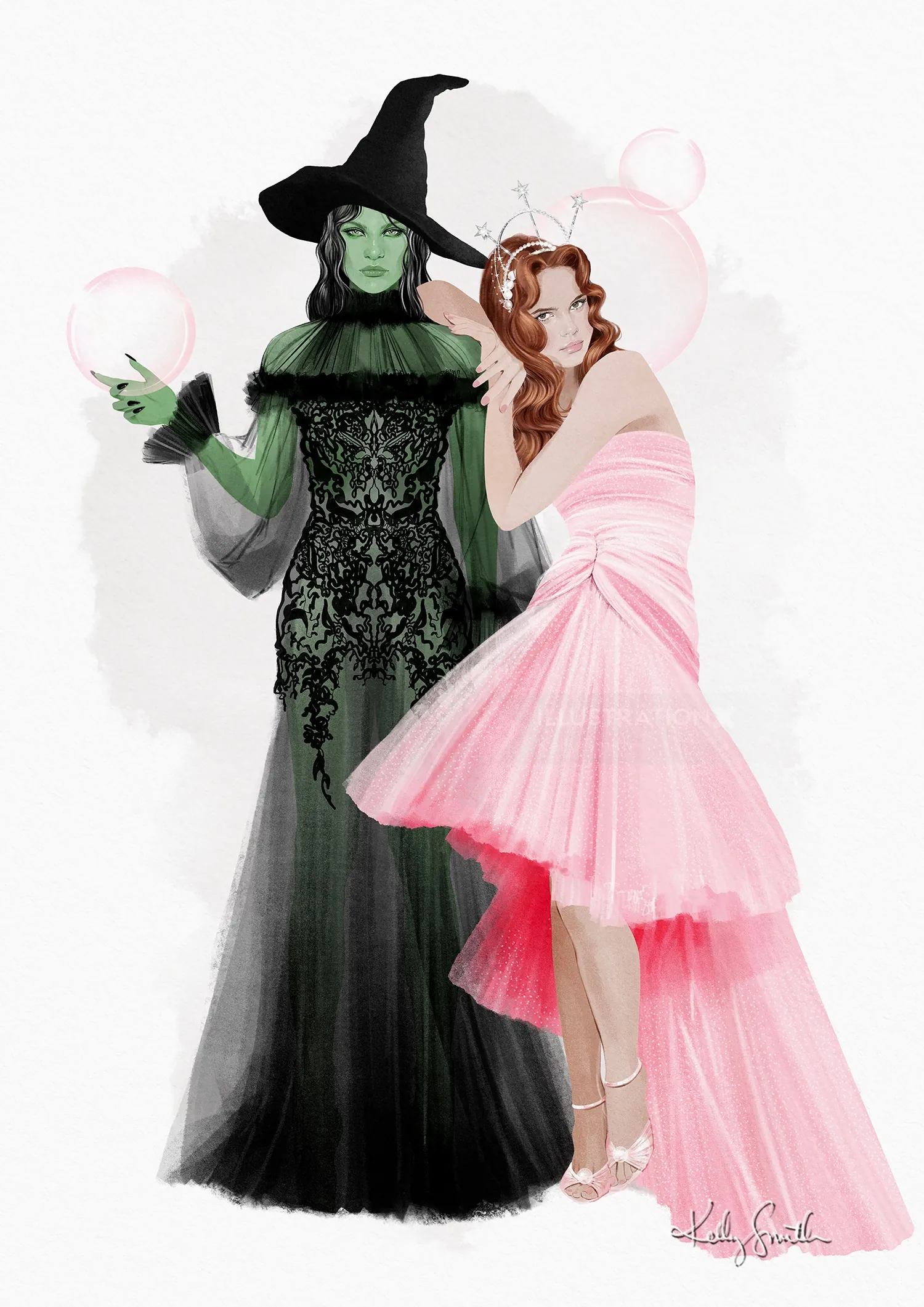 Elphaba y Glinda de pie juntas, Elphaba de verde y Glinda de rosa por Kelly Smith